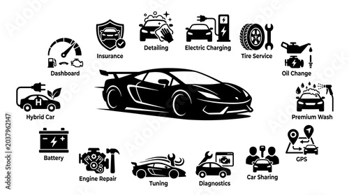High Performance Sports Car Maintenance Icon Collection with Electric Charging and Premium Garage Service Symbols