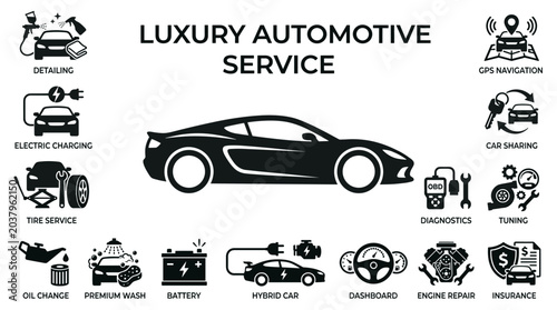 Premium Luxury Automotive Service Icon Set with Sports Car Maintenance and Garage Repair Symbols Vector Collection