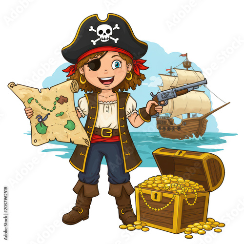Cute girl pirate with treasure map gun and chest isolated on transparent background