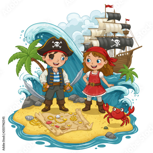 Cartoon pirate kids discovering treasure on island isolated on transparent background