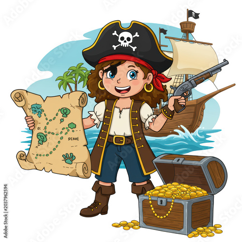 Cute girl pirate with treasure map and chest isolated on transparent background