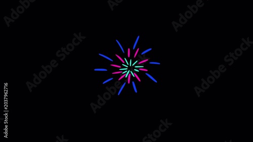 Cartoon fireworks with colorful sparks on a black background. Festive fireworks effect in 4K.