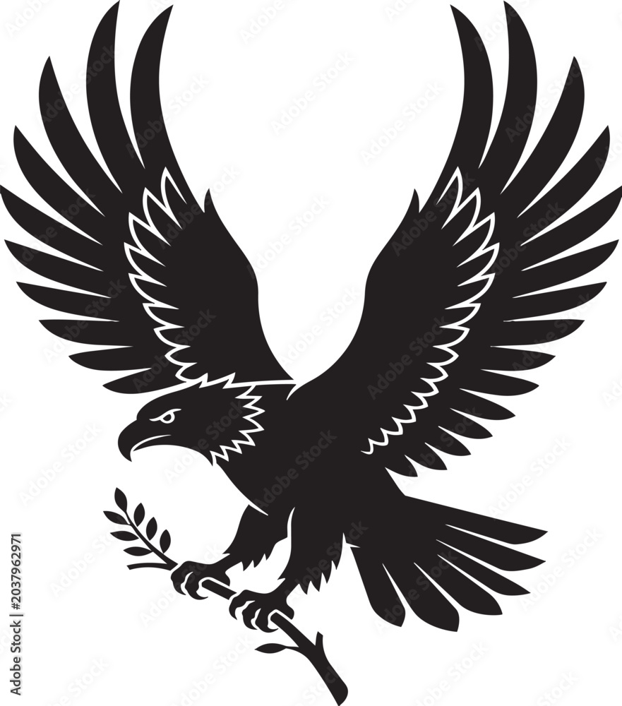 Obraz premium Black eagle flying with an olive branch in its claws