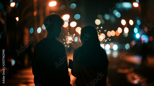 Silhouette of a couple holding sparkler together at night with city lights bokeh. Night romance, celebration, festive atmosphere, city street.