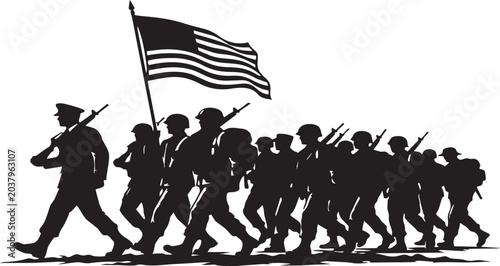 Silhouette of soldiers marching with american flag