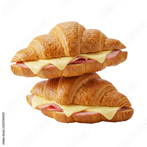 Two ham and cheese croissant sandwiches stacked isolated on transparent background