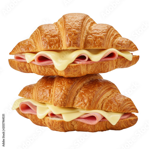 Two ham and cheese croissant sandwiches stacked isolated on transparent background