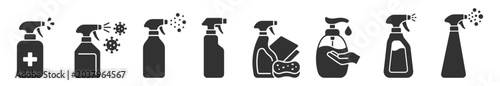 Foto Cleaning and disinfectant spray bottle icons and hand sanitizer dispenser icon o