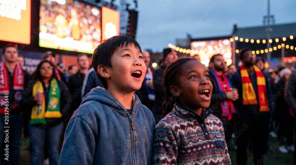 Fototapeta premium Diverse children watching outdoor game in stadium crowd