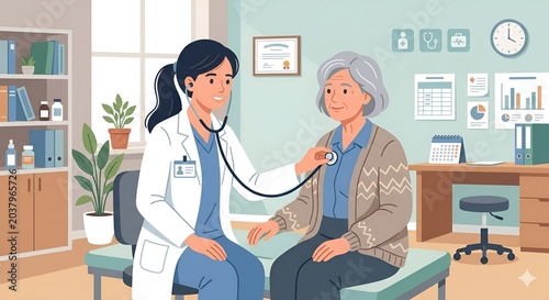 Flat vector illustration of female doctor examining senior Caucasian woman patient in clinic