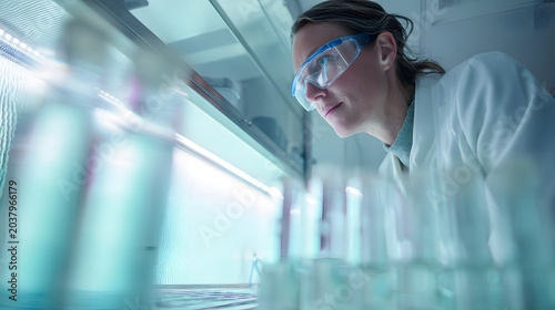 female scientist in protective glasses working in a laboratory. Close-up portrait of a medical researcher analyzing test tubes in a high-tech bio lab.