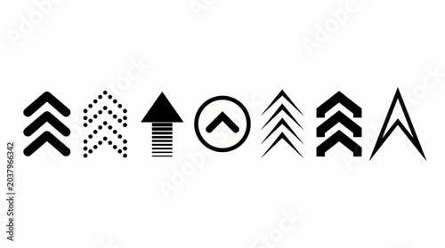 Varied upward arrow and chevron icons illustrating progression, growth, and direction. Diverse design variations for user interfaces and conceptual graphics