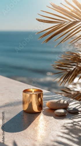A luxury scented candle in a gold jar burning on a marble surface next to white stones and a palm branch, with a blurred tropical sea or swimming pool in the background under bright sunlight.