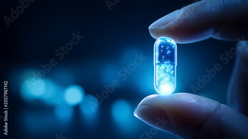 Futuristic medicine capsule held between fingers, glowing blue pharmaceutical research concept, dark clinical background, digital healthcare and nanotechnology photo futuristic med