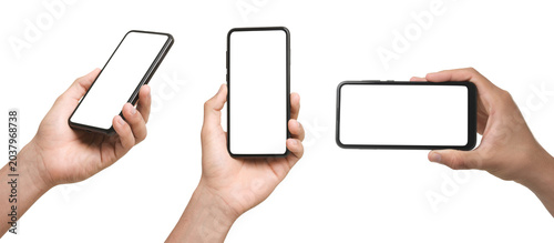 Man holding smartphone on transparent background, closeup