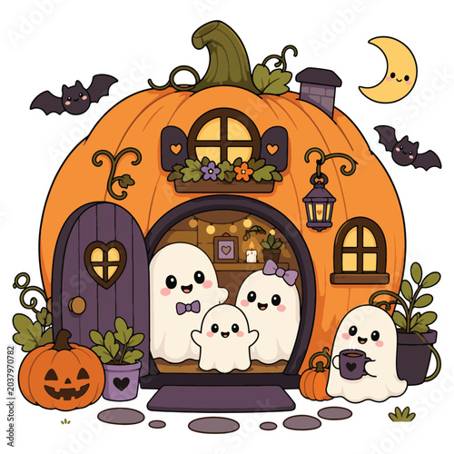 Φωτογραφία Cute haunted pumpkin house halloween vector illustration with spooky ghosts