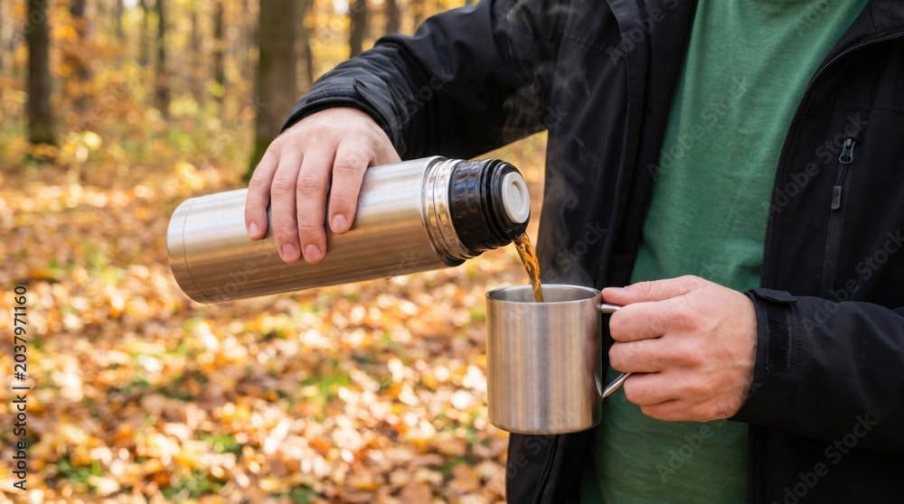 Naklejka premium Person pouring hot coffee from a thermos into a mug during autumn in a forest
