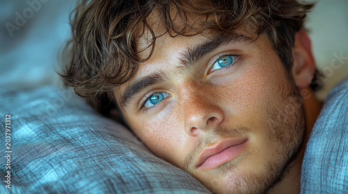 Close up portrait of young man with striking blue eyes and freckles, relaxing on soft pillow with thoughtful expression and messy brown hair, natural daylight aesthetic.