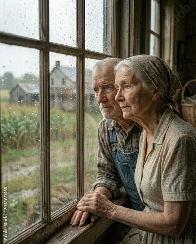 Elderly Farmer Couple Looking Out Rainy Window. AI Generated