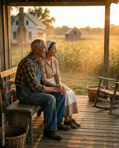 Senior Farmer Couple Sitting On Porch Sunset. AI Generated