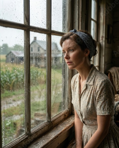 Young Woman Looking Through Rainy Farmhouse Window. AI Generated