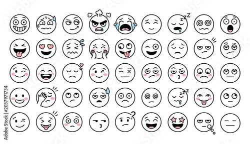 Valokuva Collection of various hand-drawn emoticons showing different facial expressions
