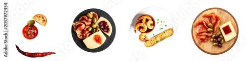 set of pictures for Assorted Spanish tapas small plates including patatas bravas, olives, chorizo, and manchego cheese
