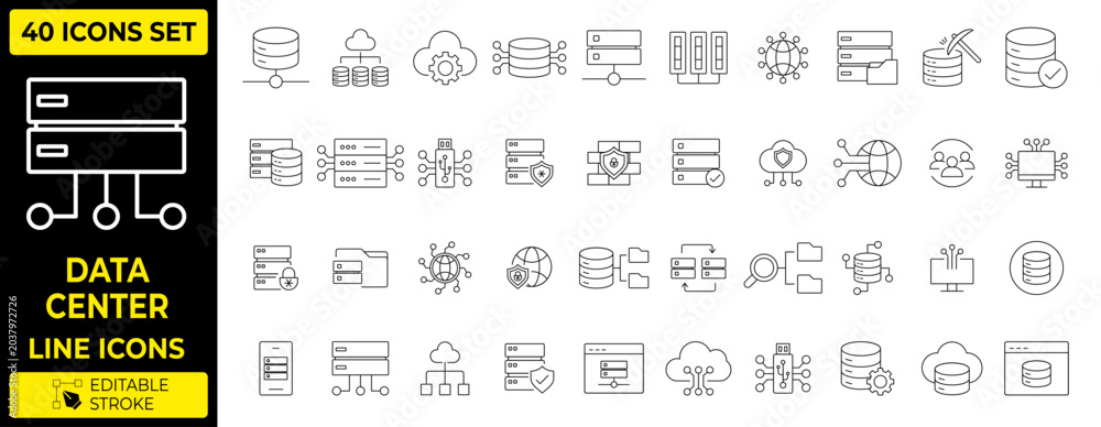 Fototapeta premium Data Center and Cloud Storage Line Icons Set, Minimalist Big Data Server Networking and Cyber Security Vector Elements Collection with Editable Stroke