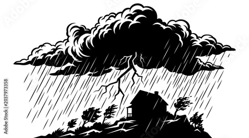 Fotografi Storm Scene With Lightning And Rain Black Silhouette Illustration