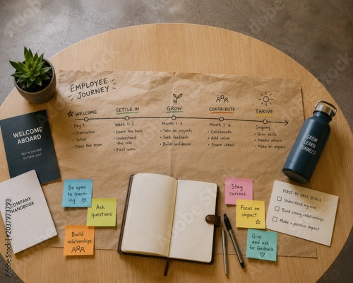 Onboarding action plan for new employees office setting visual guide circular table layout focused on hr job success