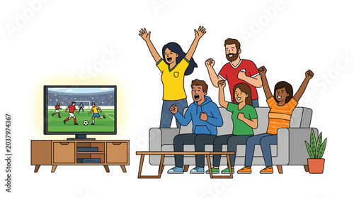 Diverse group of friends cheering while watching a soccer match on television at home