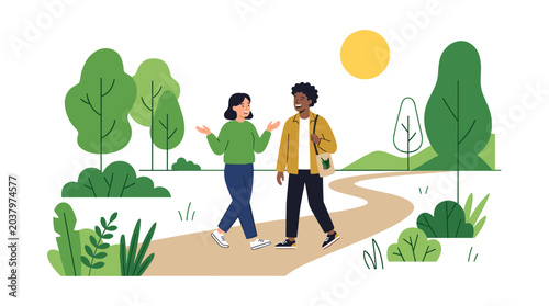 Two friends walking and talking on a path in a park on a sunny day