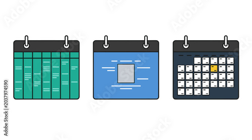 Three stylized calendars showing different scheduling and planning concepts