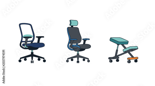 Three ergonomic office chairs and a kneeling chair for modern workspaces
