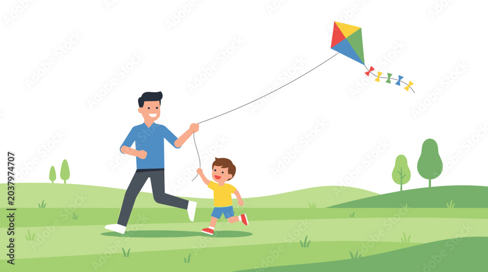 Obraz premium Father and son flying a kite in a green park on a sunny day