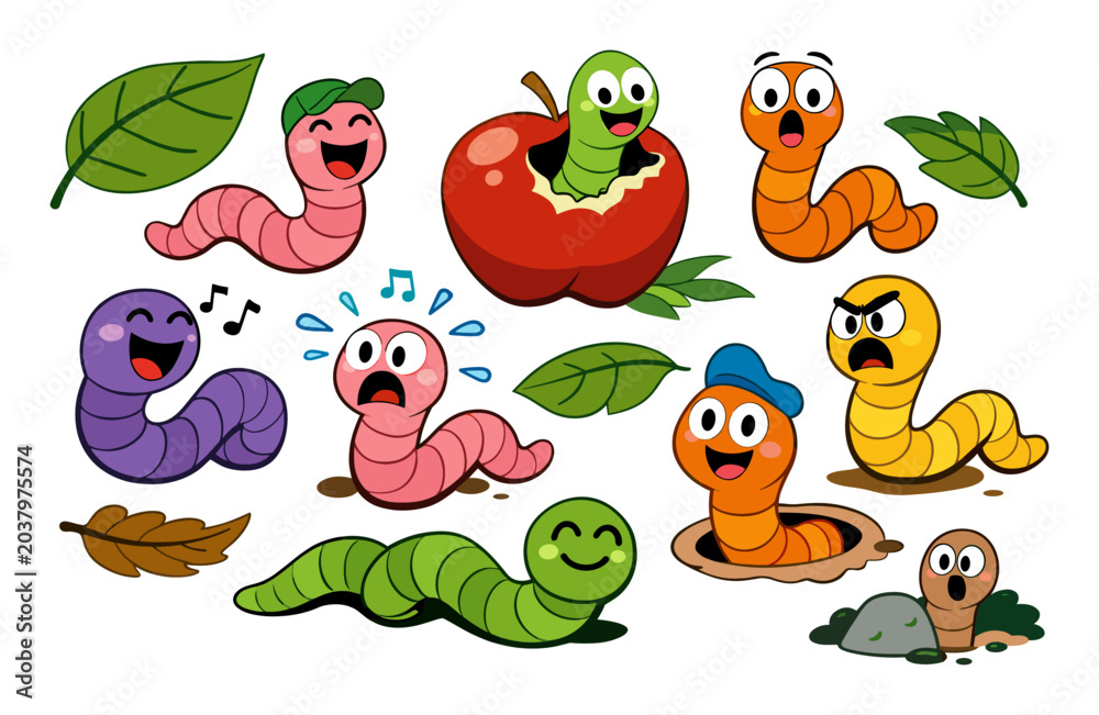 Fototapeta premium Cute cartoon worms showing happy, surprised, angry, and singing emotions, interacting with nature elements like an apple and leaves