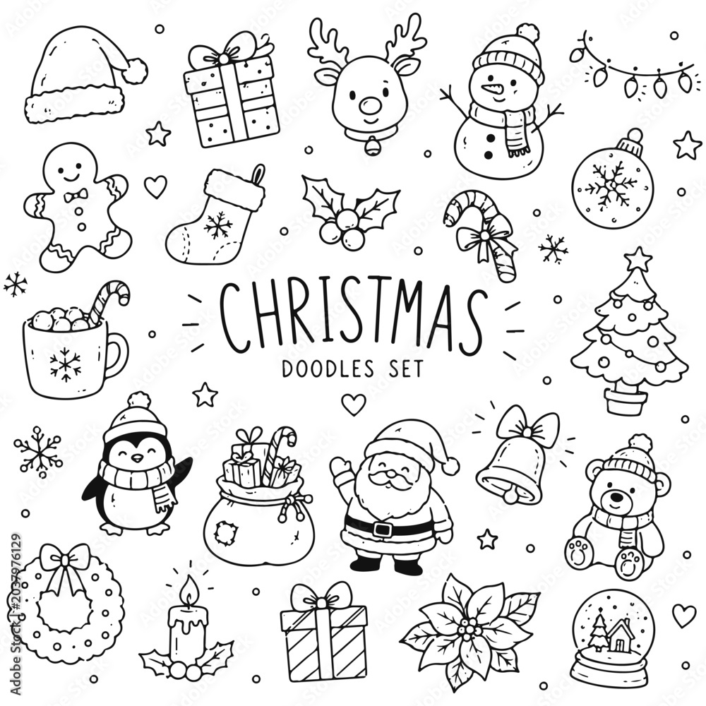 Obraz premium Christmas doodles set. Hand drawn vector doodle set on white background