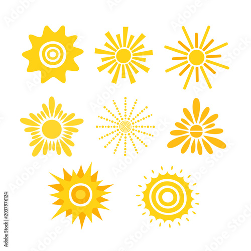 Yellow suns set simple hand drawn vector illustration, stars with round shape middle and beams, cute summer image for making cards, decor, vacation concept, holiday and summertime design for children