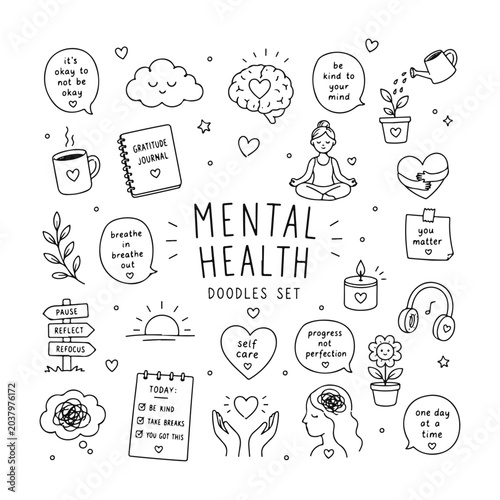 Mental Health doodles set. Hand drawn vector doodle set on white background