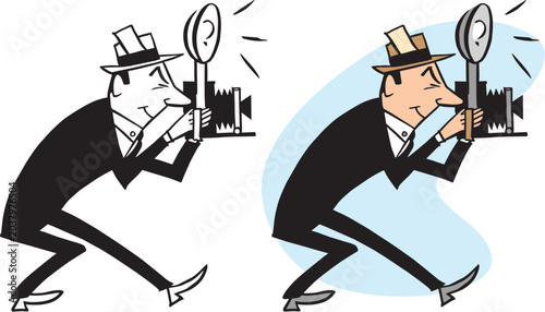 A vintage retro cartoon of a photographer taking a picture with a camera at an event. 