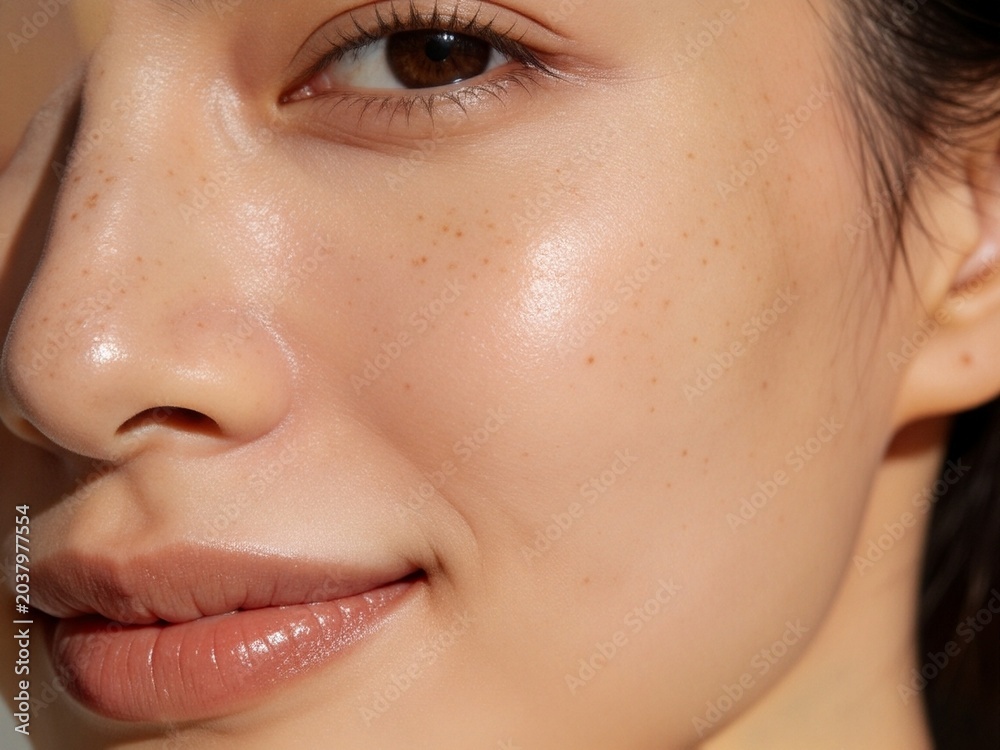 Obraz premium Ultra close shot of cheek pore texture with natural shine, smooth skin, subtle freckles, and healthy complexion, showing calm and confident expression on young adult woman