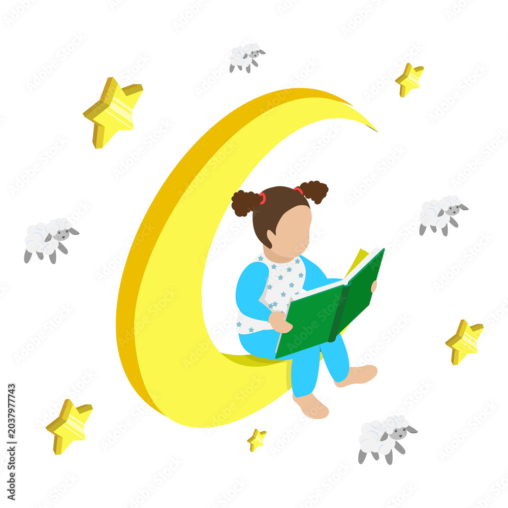 Obraz premium 3D Isometric Flat Illustration of Bedtime, Nightly Tale For Children Before Sleep To Help Them Relax And Drift Off Peacefully