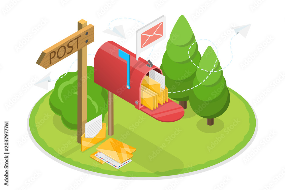 Fototapeta premium 3D Isometric Flat Illustration of World Post Day, Delivery, Messages and Communication