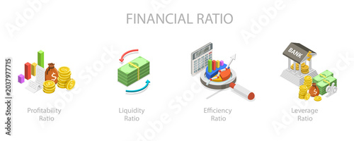 Foto 3D Isometric Flat  Illustration of Financial Ratio, Analyzing Financial Health O