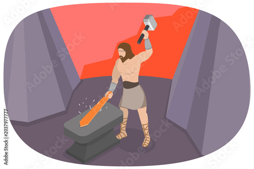 Foto 3D Isometric Flat  Illustration of Hephaestus - Greek God, Master Of Fire And Me