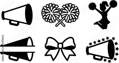 Black and white cheerleader megaphones pom poms and bow vector art set