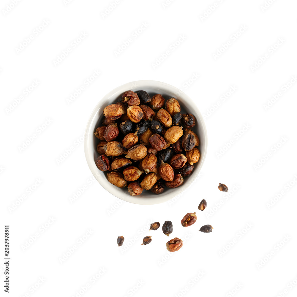 Fototapeta premium Dried Sichuan peppercorns with reddish-brown husks and black seeds isolated on white background