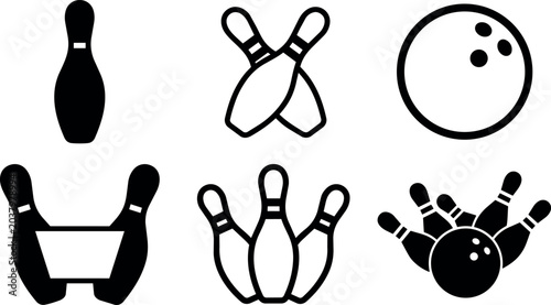 Black and white bowling pins and ball line art vector icons set