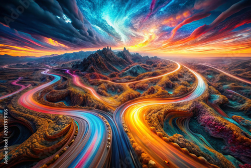 Vibrant winding road curves through surreal colorful landscape under dramatic swirling sky with glowing sunset light and dynamic clouds