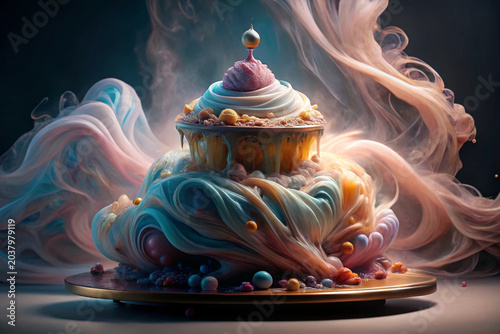 Decadent dessert draped in smoky embrace with creamy swirls, colorful spheres, and delicate topping creating artistic presentation